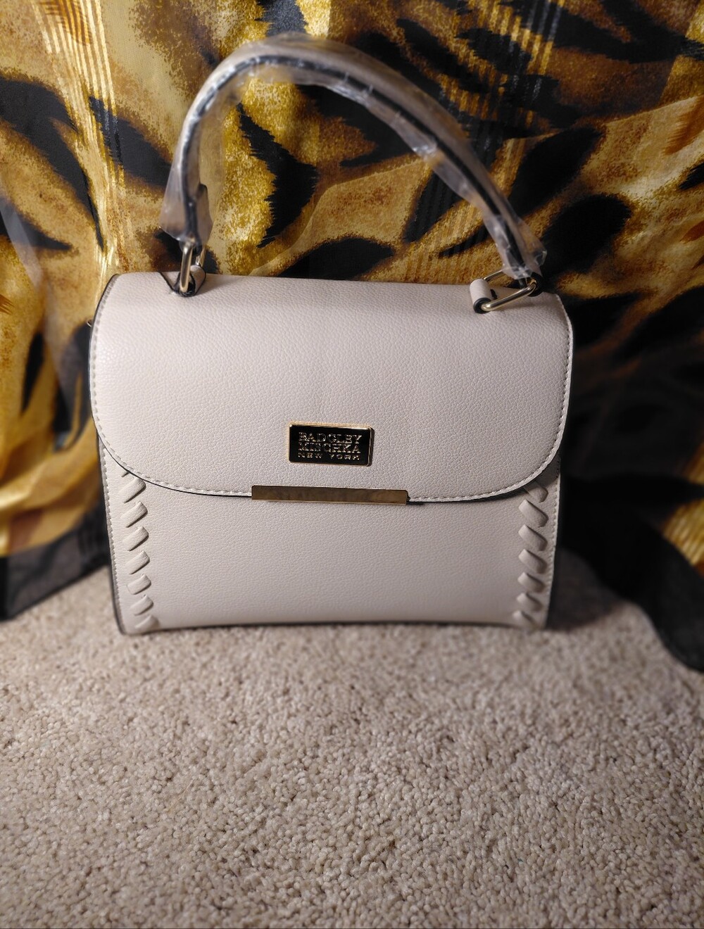Badgley Mischka Cream Top-Handle Satchel with Gold Plaque